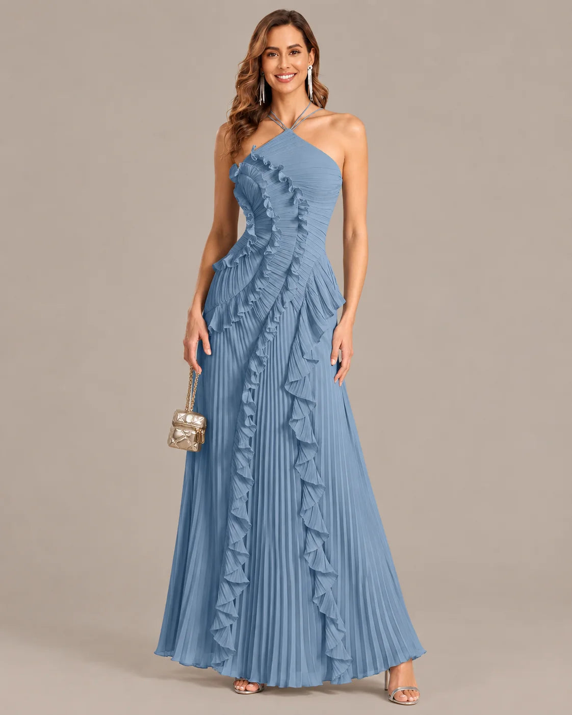 One-Shoulder Draped Ruffle High-Low Maxi Gown | Oyese