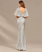 V-Neck Batwing Sleeve Sequin Mermaid Evening Gown | Oyese