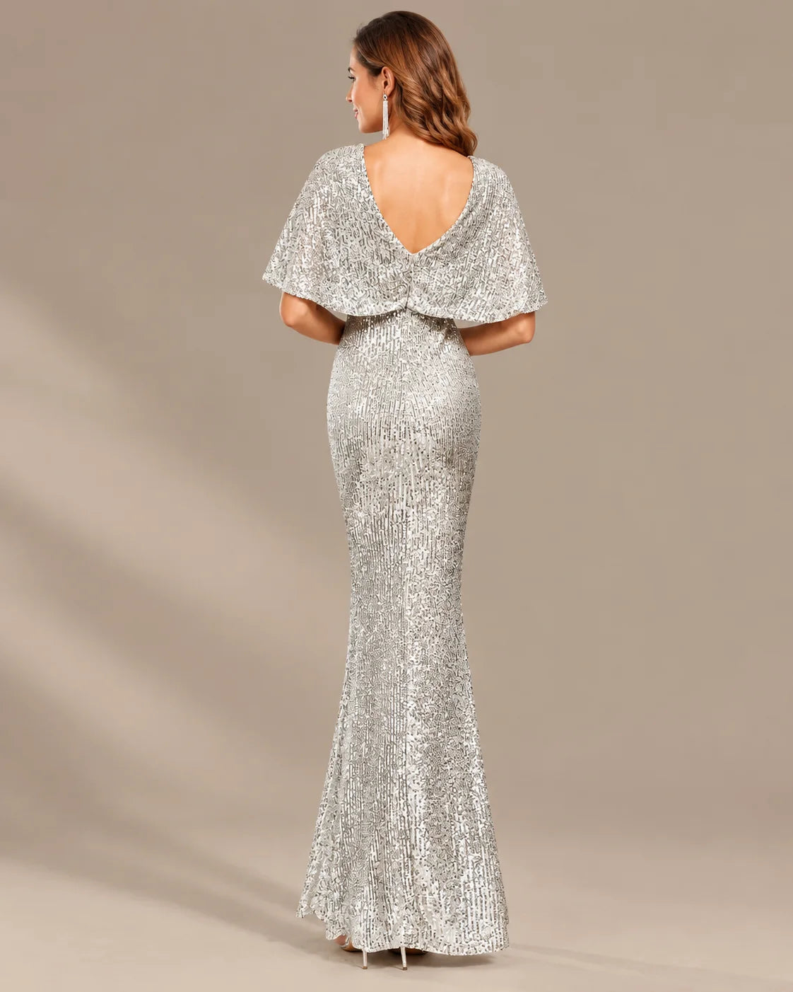V-Neck Batwing Sleeve Sequin Mermaid Evening Gown | Oyese