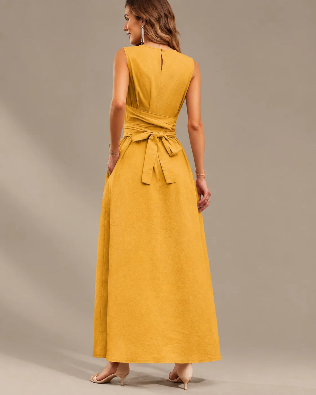 Round Neck Tie Waist Relaxed Maxi Dress – Sleeveless Textured Casual Dress | Oyese