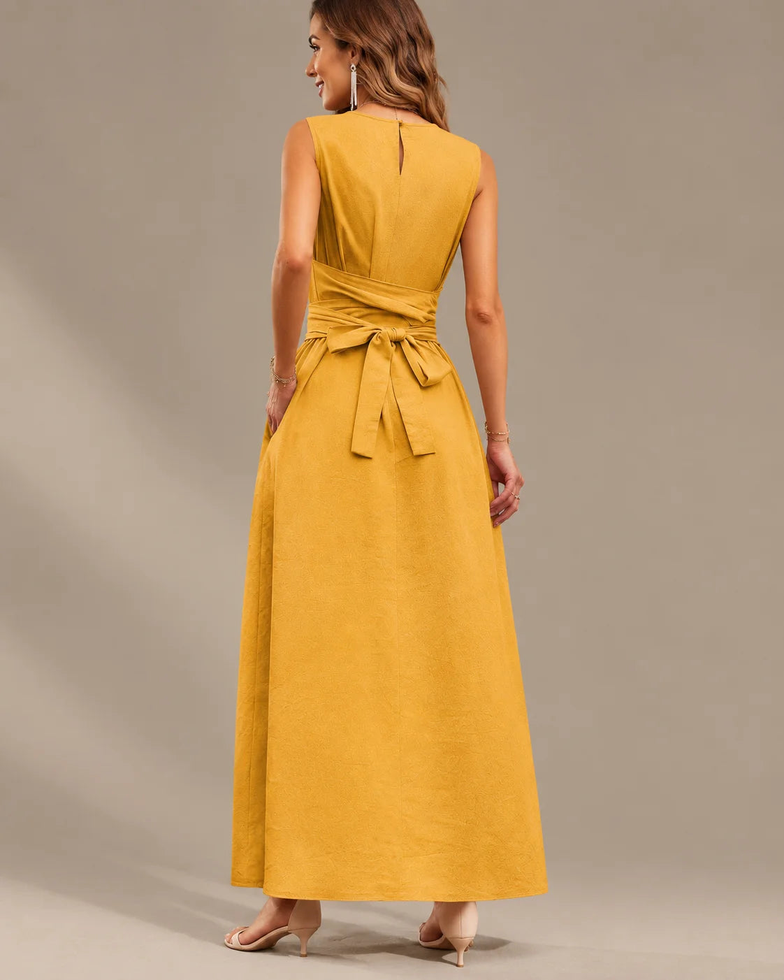Round Neck Tie Waist Relaxed Maxi Dress – Sleeveless Textured Casual Dress | Oyese