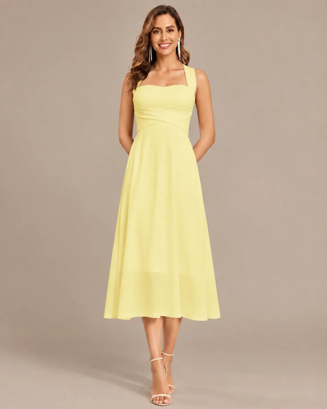 Square Neck Halter Wrap Waist Midi Dress – A-Line Summer Wedding Guest Dress | Oyese
