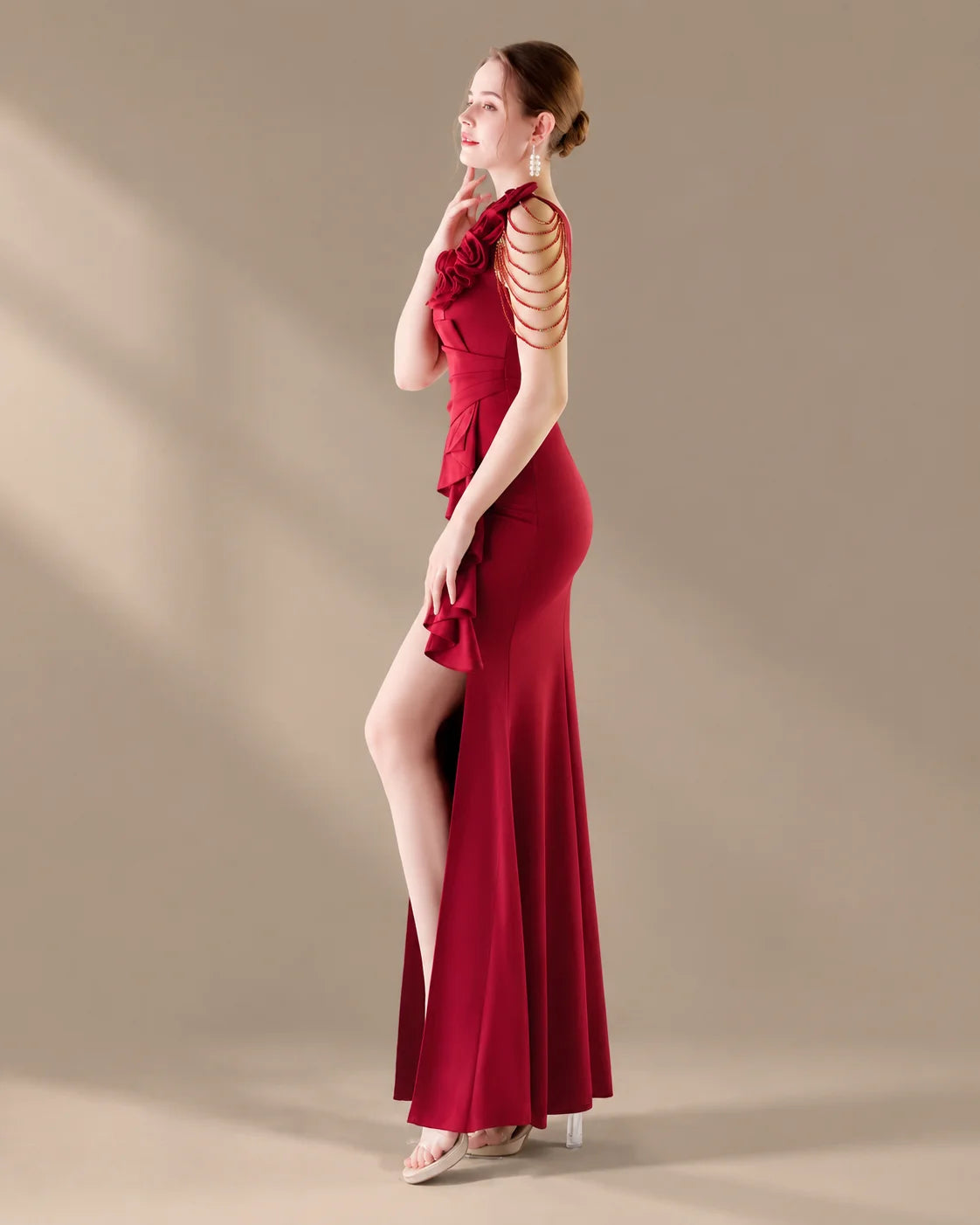 V-Neck 3D Floral Shoulder Beaded Mermaid Evening Gown | Oyese