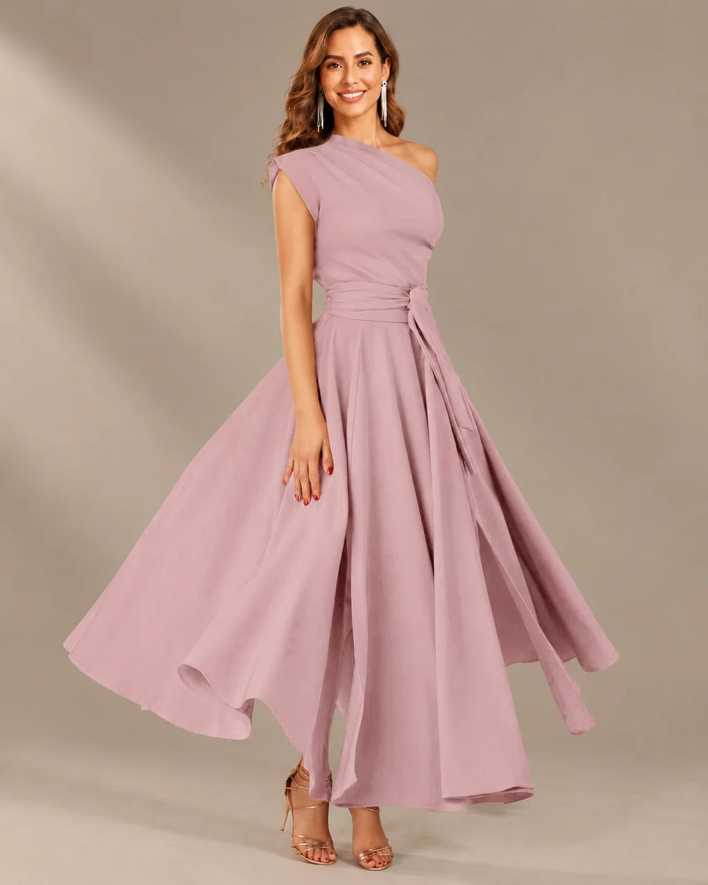 One-Shoulder Cap Sleeve Belted Fit and Flare Midi Dress | Oyese