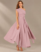 One-Shoulder Cap Sleeve Belted Fit and Flare Midi Dress | Oyese