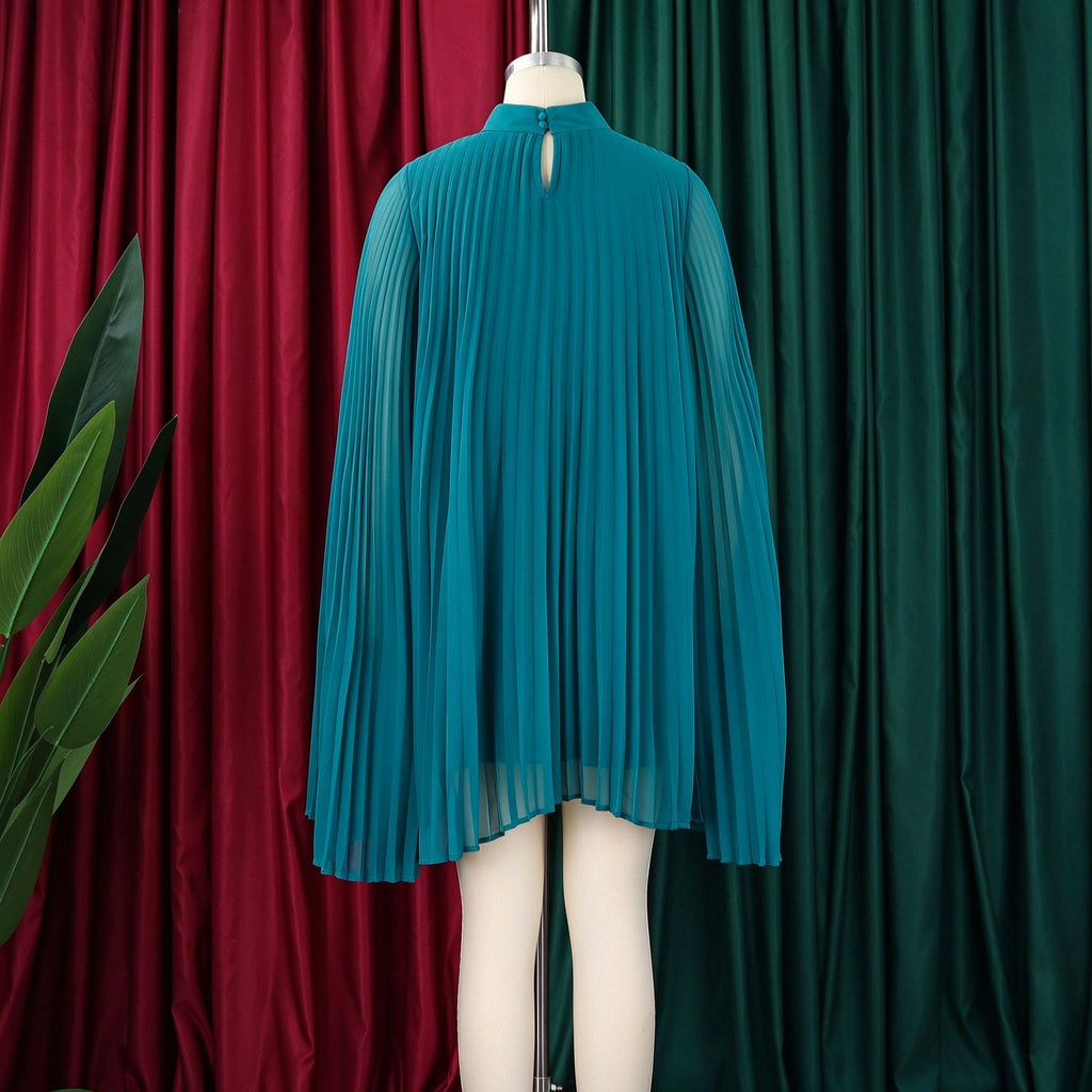 Mock Neck Pleated Chiffon Cape Shift Dress | Oyese
