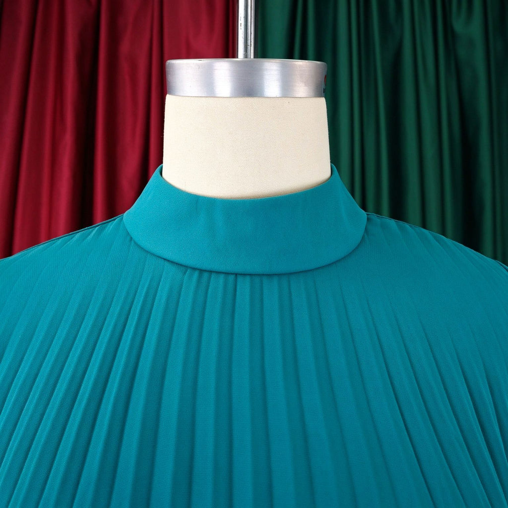 Mock Neck Pleated Chiffon Cape Shift Dress | Oyese