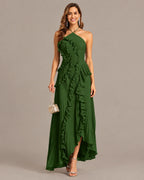 One-Shoulder Draped Ruffle High-Low Maxi Gown | Oyese