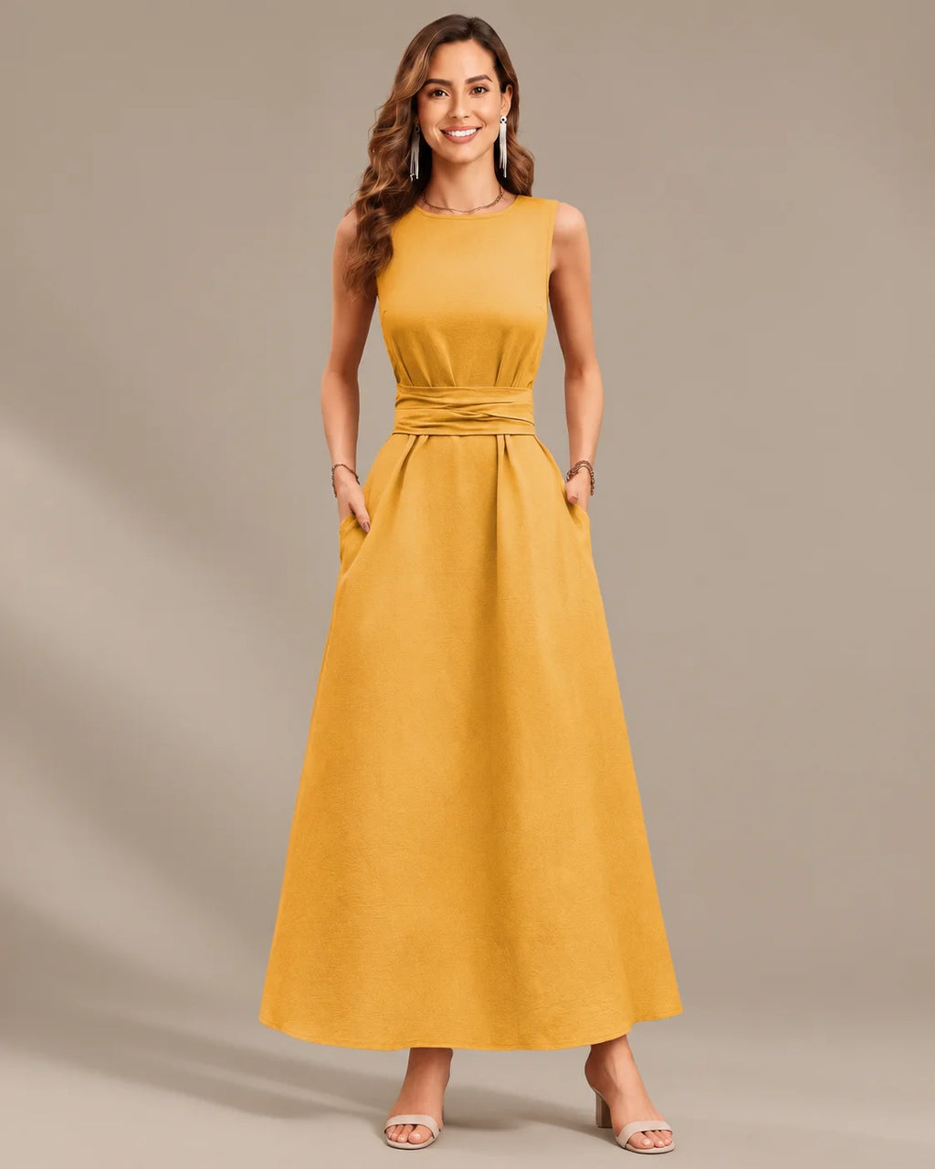 Round Neck Tie Waist Relaxed Maxi Dress – Sleeveless Textured Casual Dress | Oyese