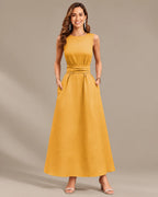 Round Neck Tie Waist Relaxed Maxi Dress – Sleeveless Textured Casual Dress | Oyese