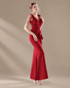 V-Neck 3D Floral Shoulder Beaded Mermaid Evening Gown | Oyese