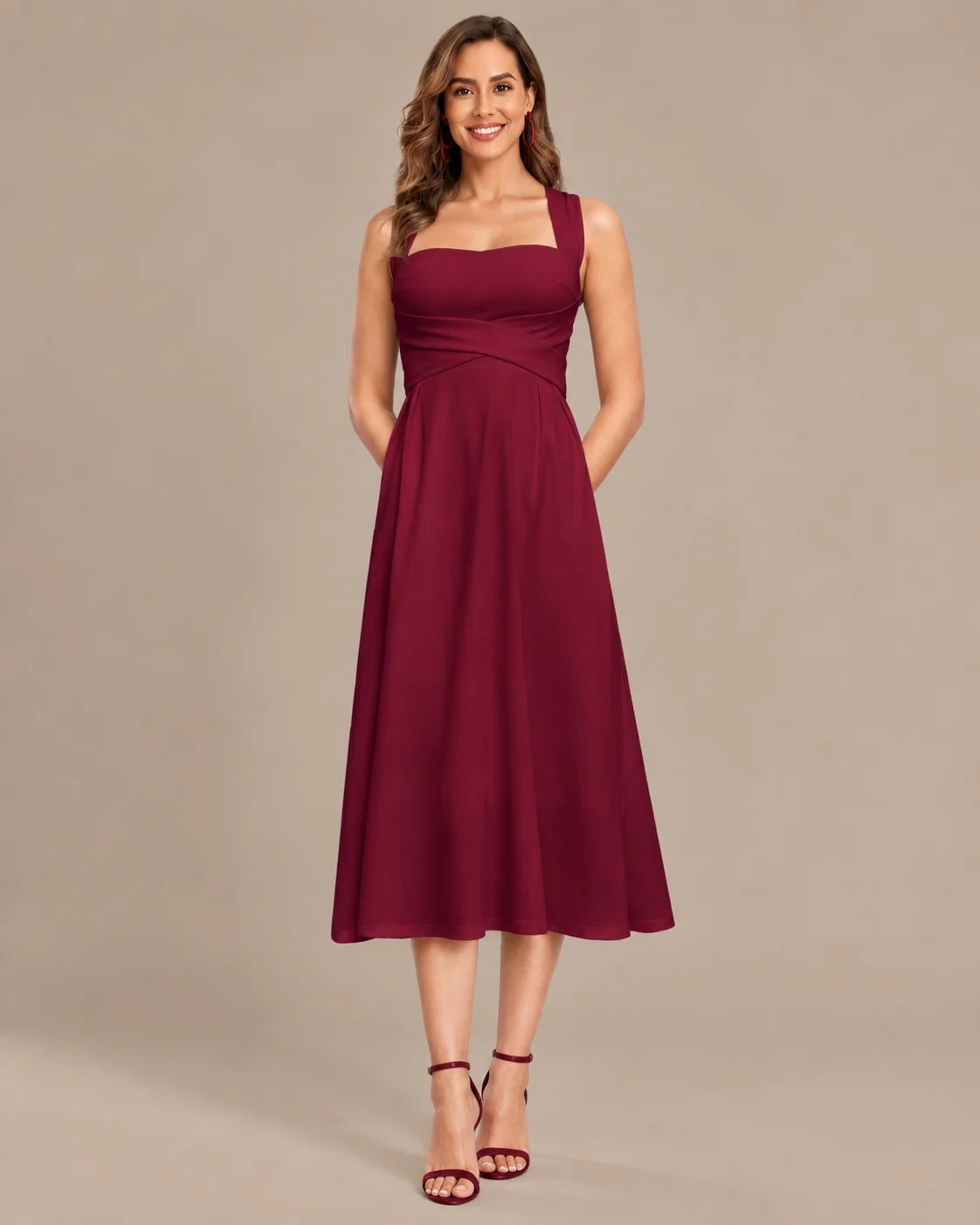 Square Neck Halter Wrap Waist Midi Dress – A-Line Summer Wedding Guest Dress | Oyese