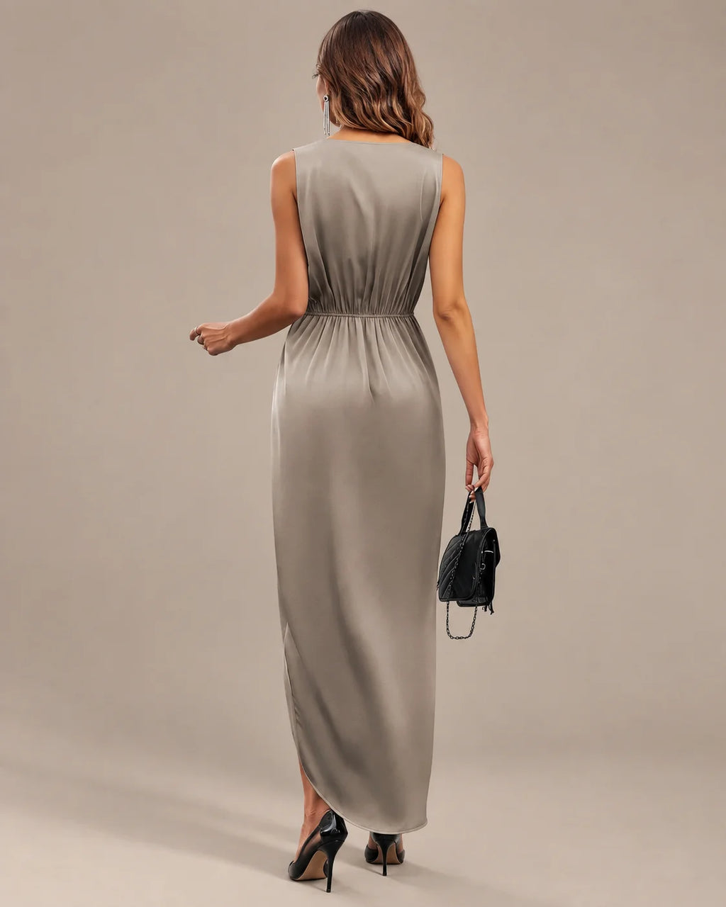 Women's Double-Faced Satin V-Neck Slit Maxi Dress | Oyese