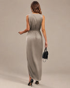 Women's Double-Faced Satin V-Neck Slit Maxi Dress | Oyese