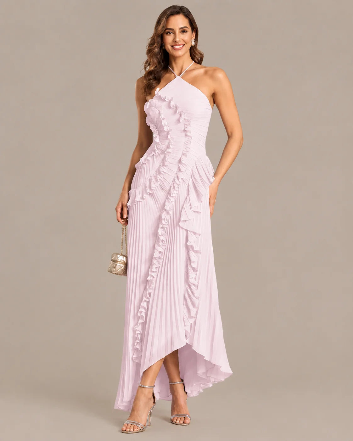 One-Shoulder Draped Ruffle High-Low Maxi Gown | Oyese