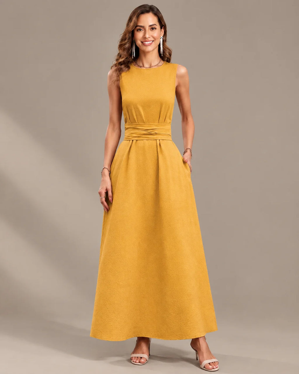 Round Neck Tie Waist Relaxed Maxi Dress – Sleeveless Textured Casual Dress | Oyese
