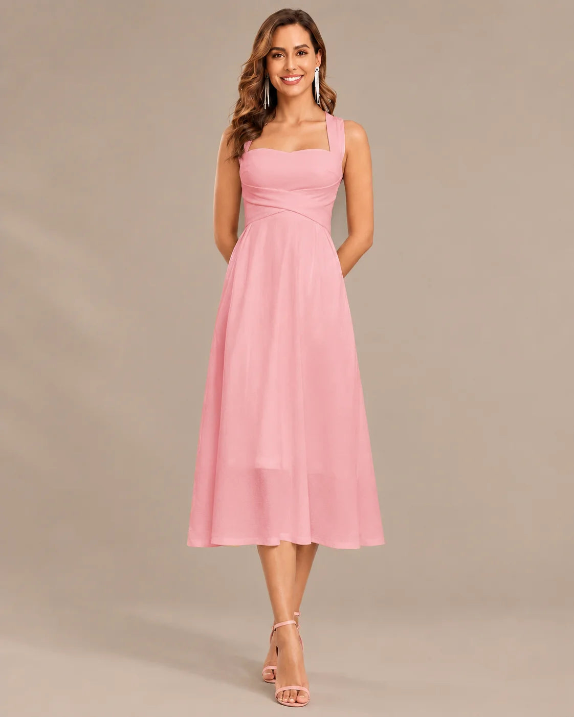 Square Neck Halter Wrap Waist Midi Dress – A-Line Summer Wedding Guest Dress | Oyese