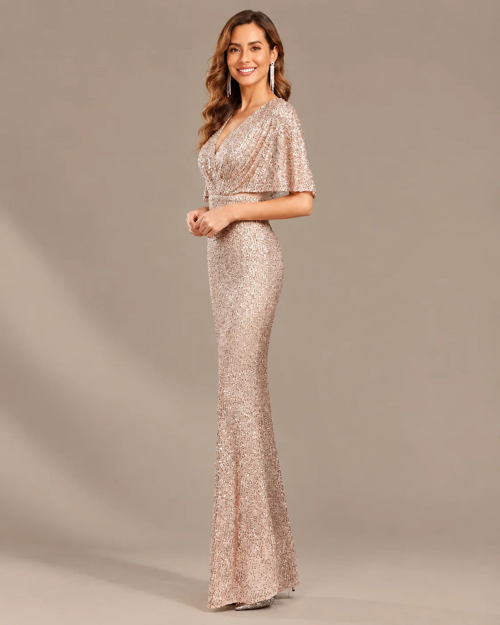 V-Neck Batwing Sleeve Sequin Mermaid Evening Gown | Oyese