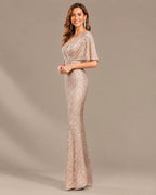 V-Neck Batwing Sleeve Sequin Mermaid Evening Gown | Oyese