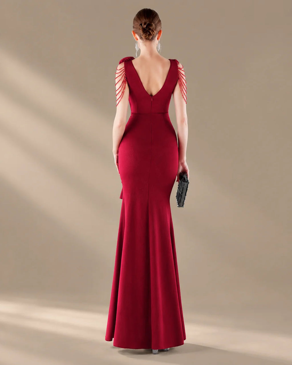 V-Neck 3D Floral Shoulder Beaded Mermaid Evening Gown | Oyese
