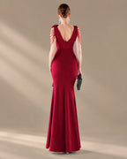 V-Neck 3D Floral Shoulder Beaded Mermaid Evening Gown | Oyese