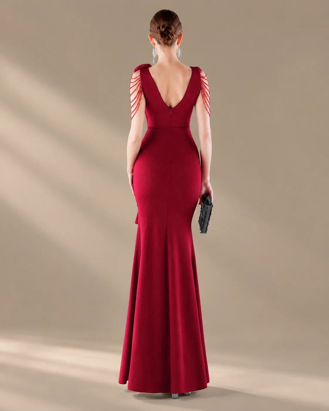 V-Neck 3D Floral Shoulder Beaded Mermaid Evening Gown | Oyese