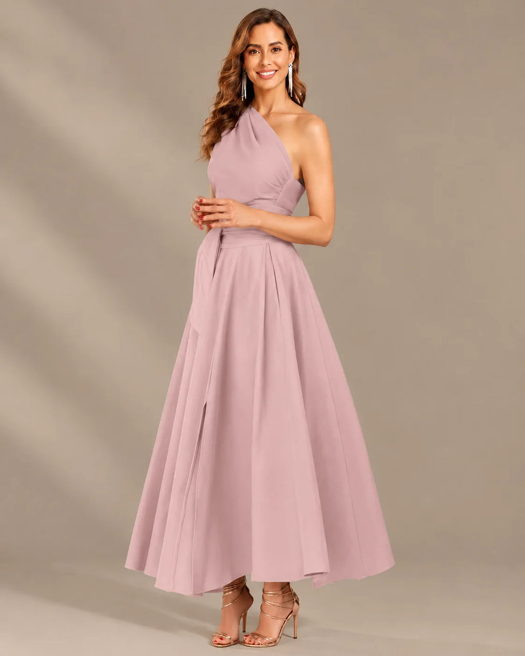 One-Shoulder Cap Sleeve Belted Fit and Flare Midi Dress | Oyese