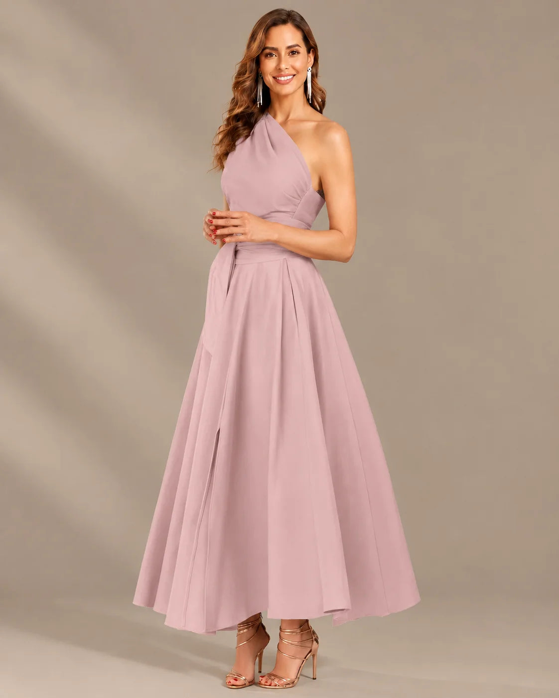 One-Shoulder Cap Sleeve Belted Fit and Flare Midi Dress | Oyese