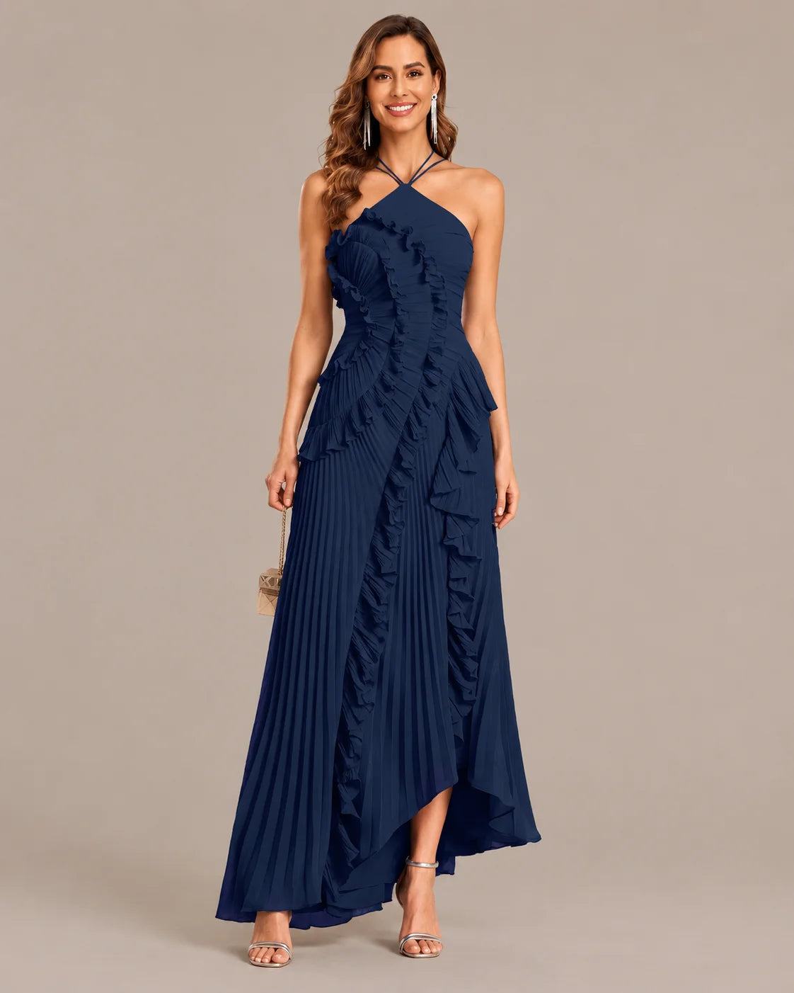 One-Shoulder Draped Ruffle High-Low Maxi Gown | Oyese