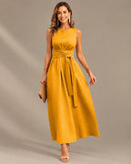 Round Neck Tie Waist Relaxed Maxi Dress – Sleeveless Textured Casual Dress | Oyese