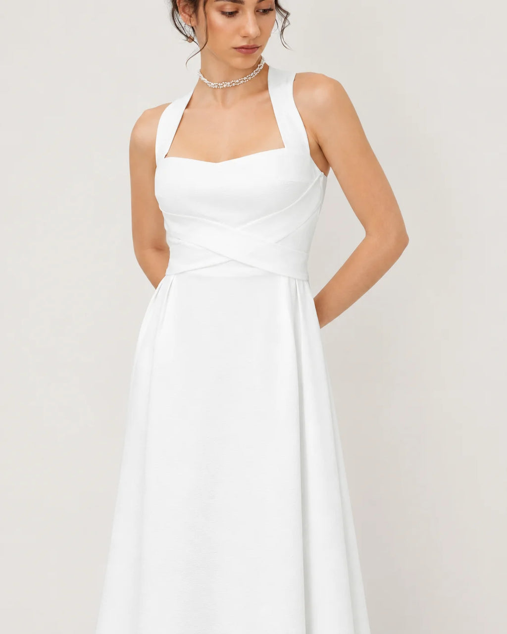 Square Neck Halter Wrap Waist Midi Dress – A-Line Summer Wedding Guest Dress | Oyese
