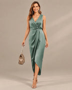 Women's Double-Faced Satin V-Neck Slit Maxi Dress | Oyese