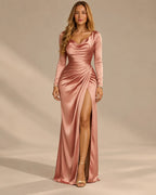 Satin Cowl Neck Ruched Maxi Dress – High Slit Evening Gown | Oyese