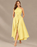 One-Shoulder Cap Sleeve Belted Fit and Flare Midi Dress | Oyese