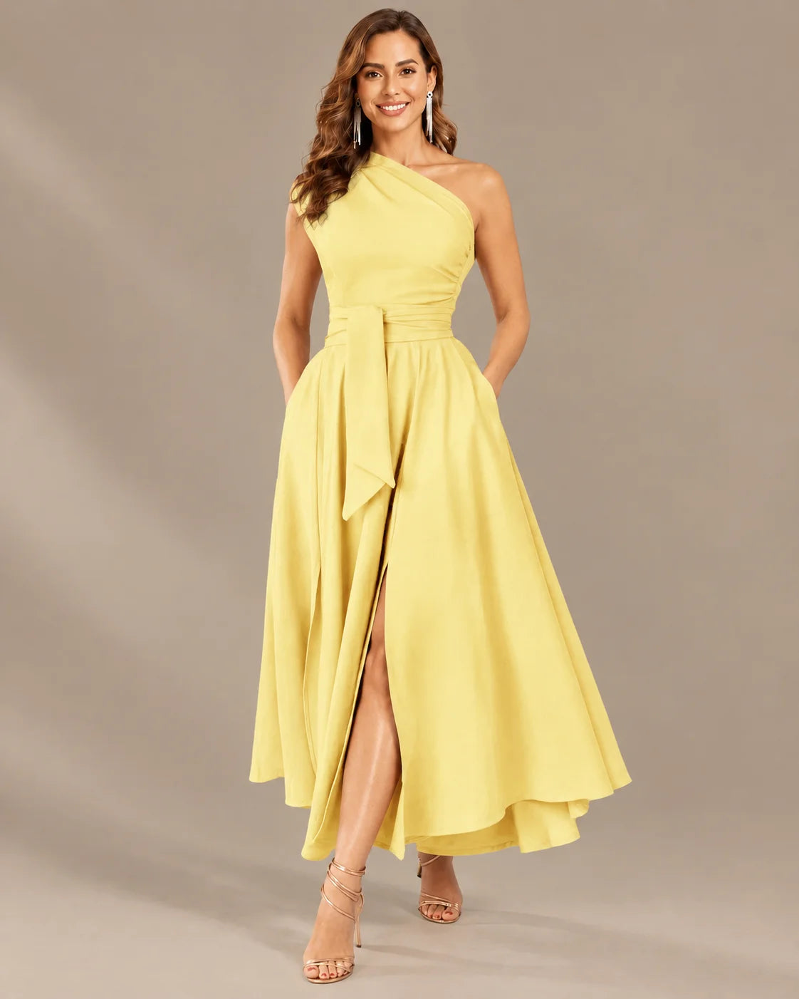 One-Shoulder Cap Sleeve Belted Fit and Flare Midi Dress | Oyese