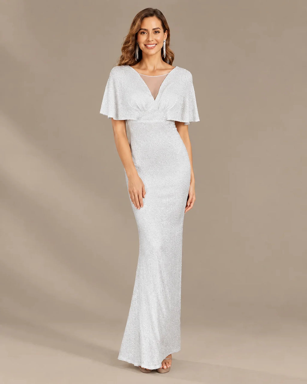 V-Neck Batwing Sleeve Sequin Mermaid Evening Gown | Oyese