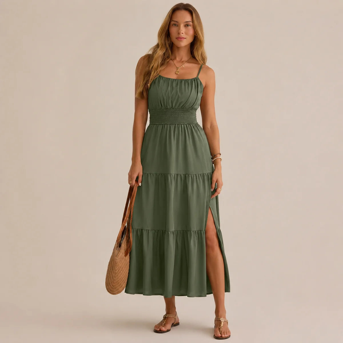 Pleated Solid Color Slim Dress