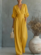 Women's Elegant V-Neck Wide-Leg Jumpsuit