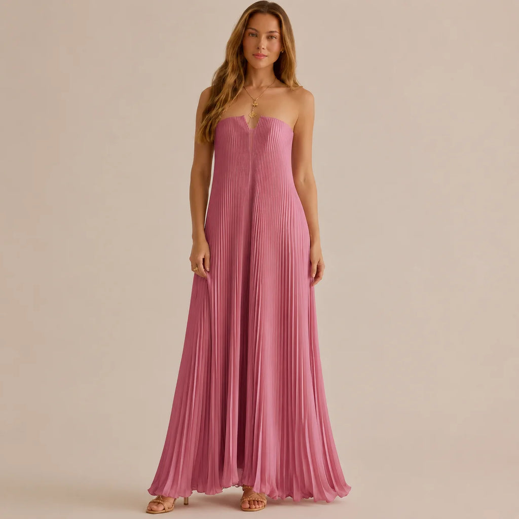 Strapless Pleated Maxi Gown – V-Notch Accordion Pleat Formal Dress | Oyese