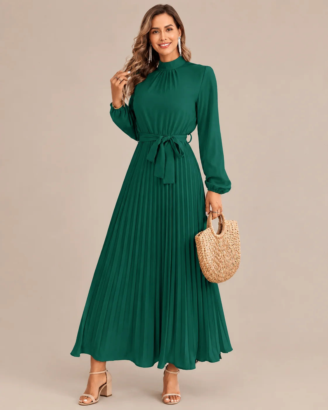 Ruffled Mock Neck Belted Pleated Midi Dress | Oyese