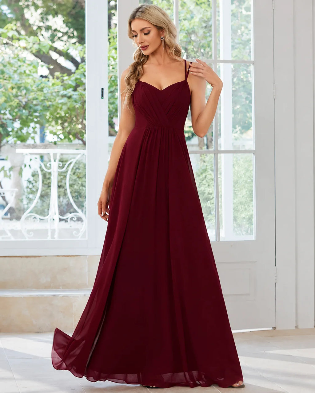 V-Neck Open Back Pleated A-Line Bridesmaid Gown | Oyese