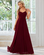 V-Neck Open Back Pleated A-Line Bridesmaid Gown | Oyese