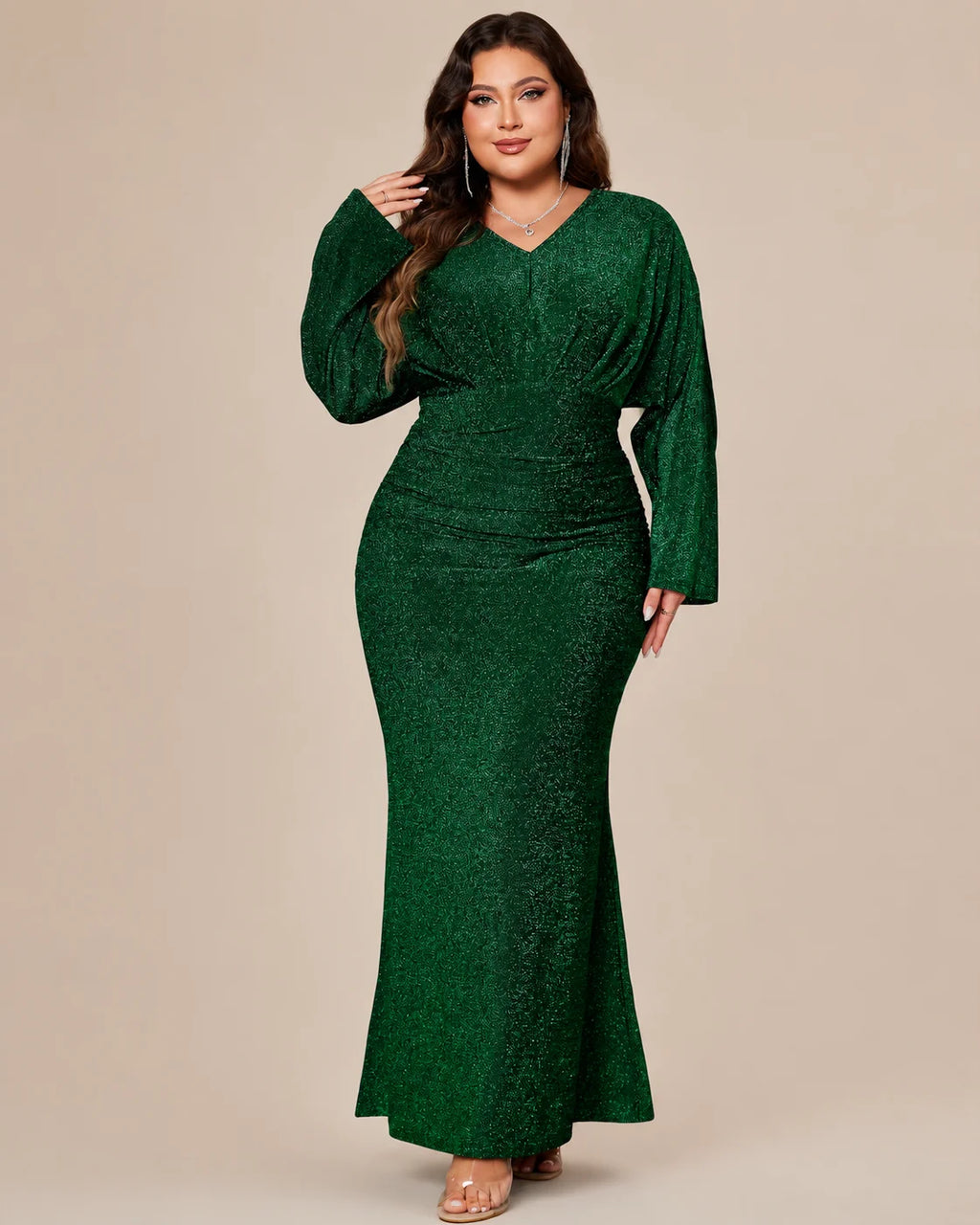 Plus Size V-Neck Glitter Mermaid Gown – Long Sleeve Sparkle Evening Dress | Oyese
