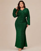 Plus Size V-Neck Glitter Mermaid Gown – Long Sleeve Sparkle Evening Dress | Oyese