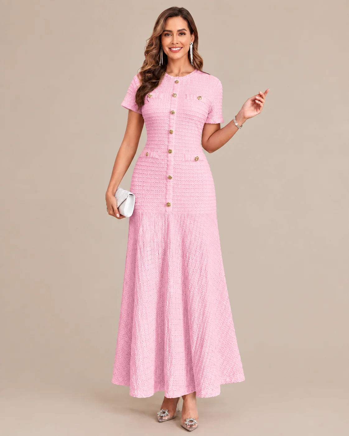 Textured Tweed Button Front Fitted Flare Midi Dress | Oyese