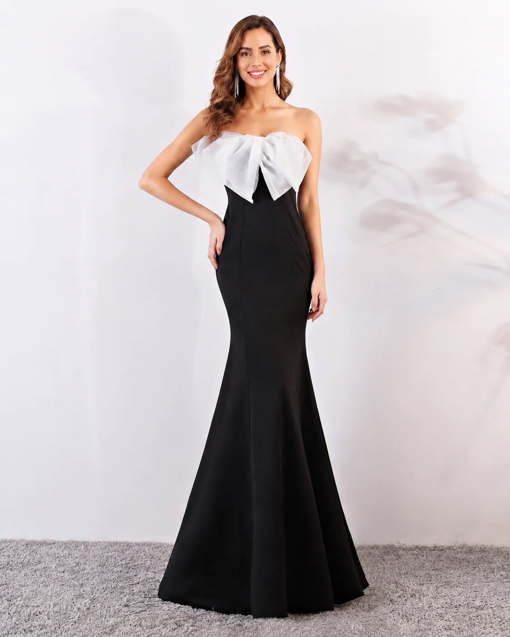 Strapless Bow Detail Satin Mermaid Evening Gown | Oyese