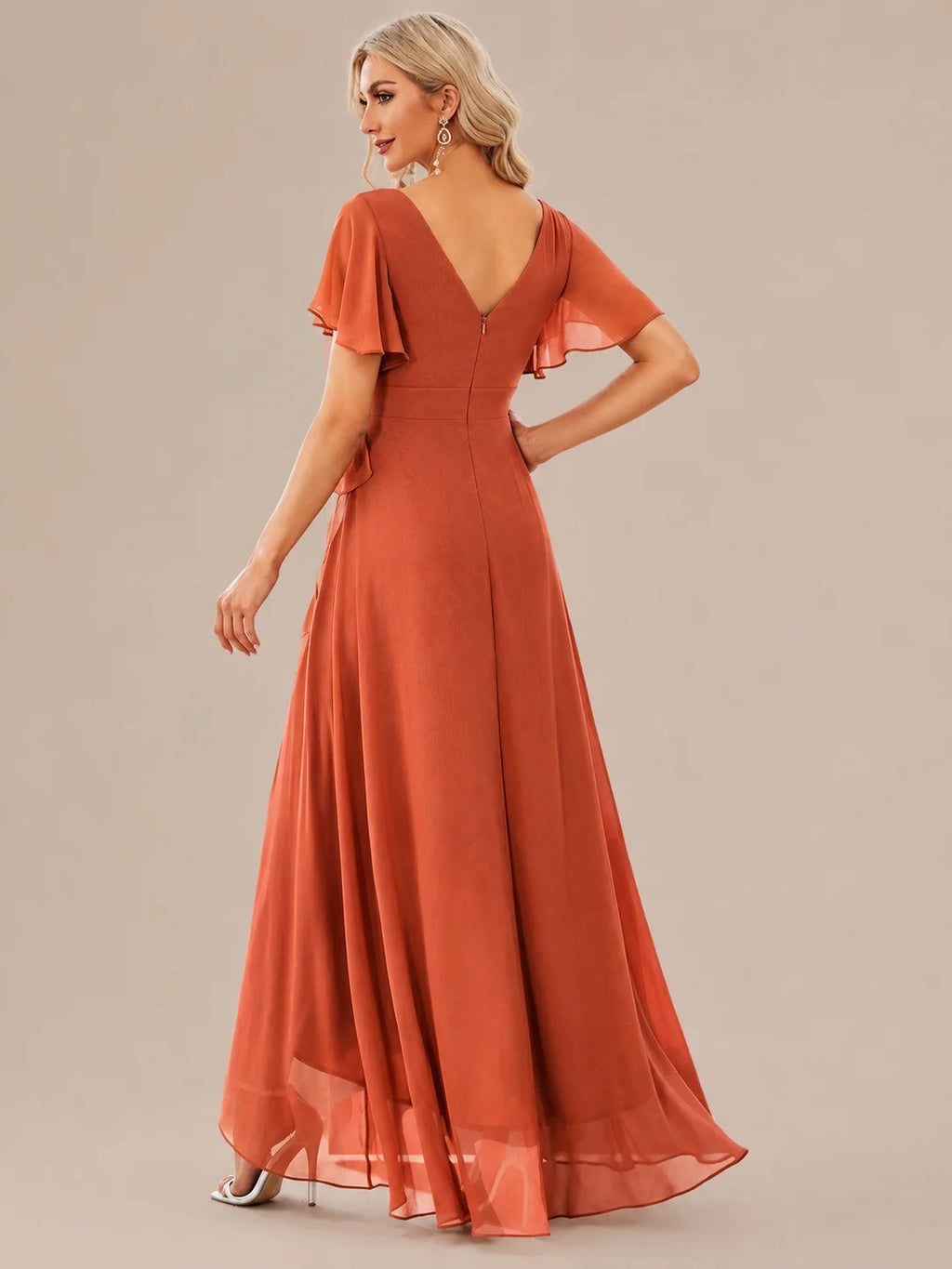 Double V-Neck Flutter Sleeve Flowy Slit Maxi Gown | Oyese