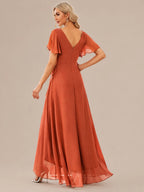 Double V-Neck Flutter Sleeve Flowy Slit Maxi Gown | Oyese