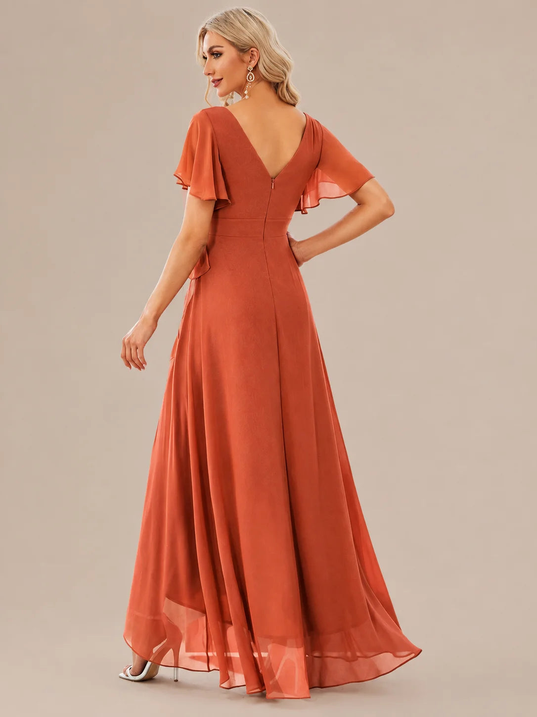 Double V-Neck Flutter Sleeve Flowy Slit Maxi Gown | Oyese