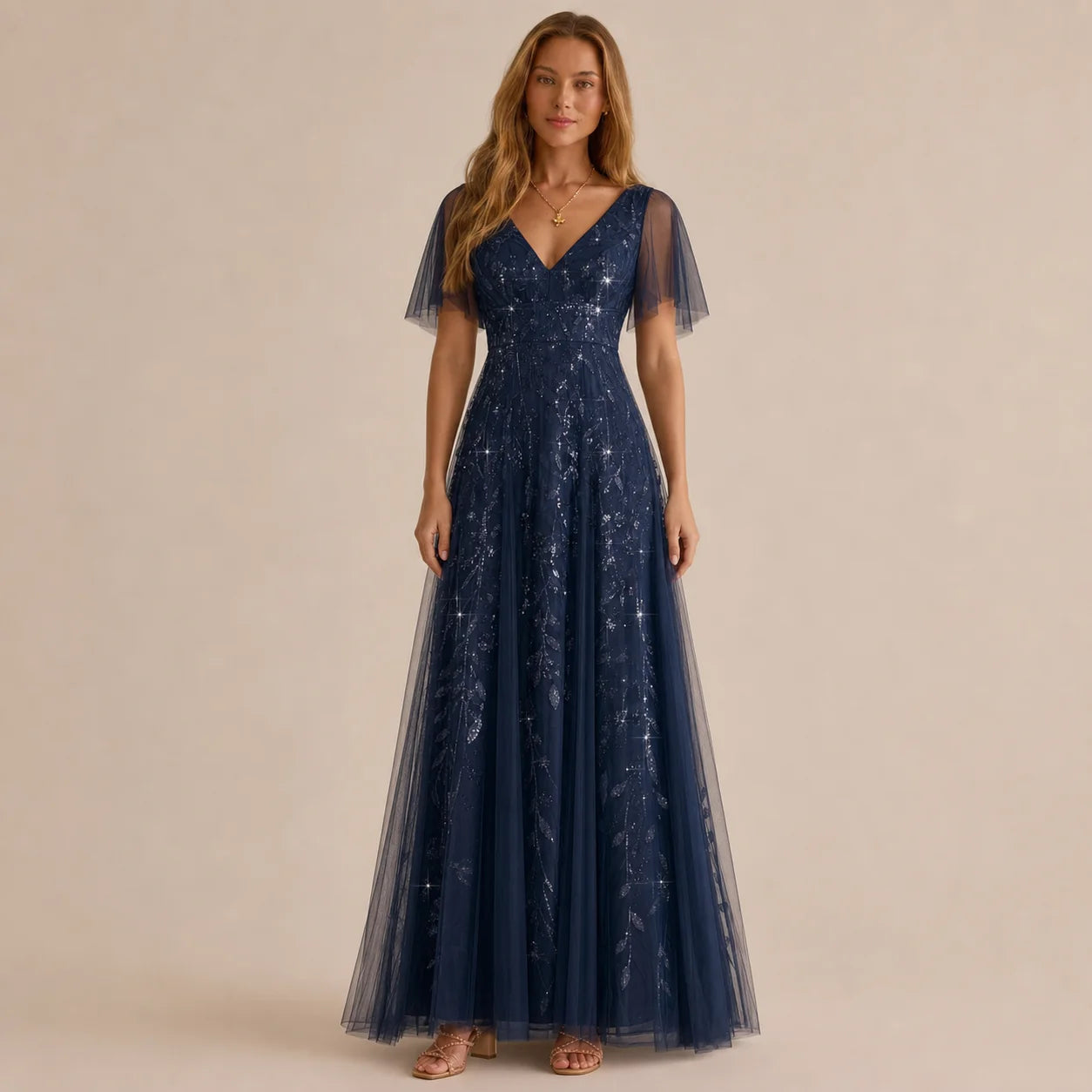Deep V-Neck Sequin Tulle A-Line Gown – Flutter Sleeve Formal Evening Dress | Oyese